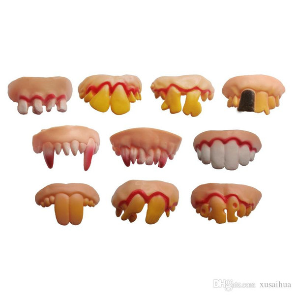 10 designs mixed decay teeth Vampire teeth Zombie incisors Funny Tricky Soft Plastic denture for Halloween Party Bar supplies