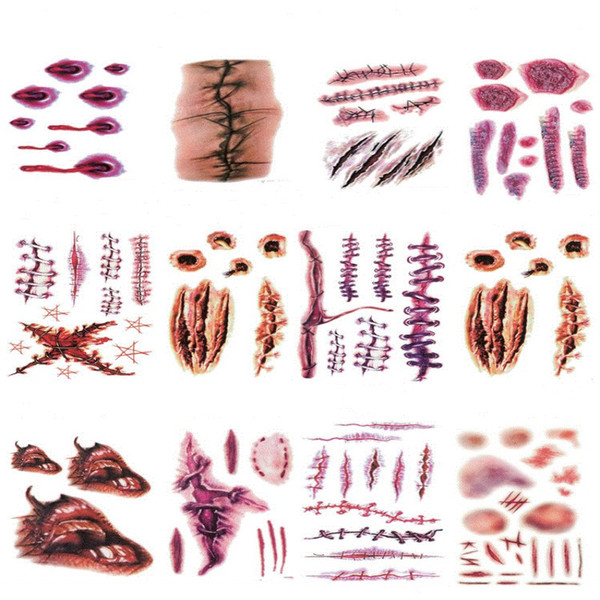Halloween Scratch Wound Scab Blood Scar Tattoos Temporary Tattoo Sticker Cosplay Wound Zombie funny Scars blood Party DHL Free