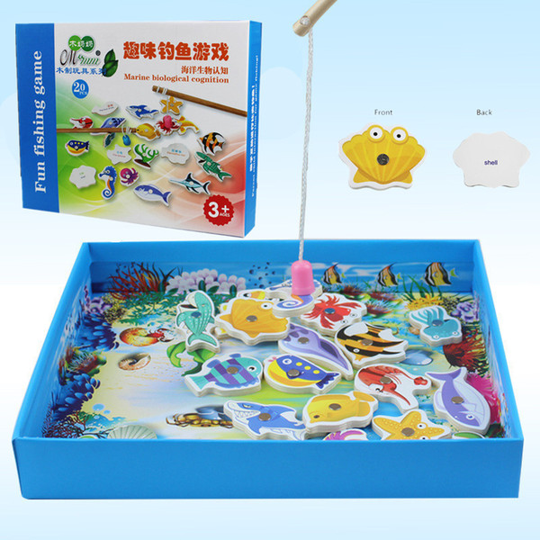 Wholesale Baby Wooden magnetic fishing game puzzle toys kids infant funny Puzzles Toy children birthday Gift toy set with colorful box