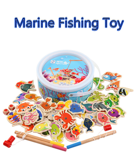 Wooden children's puzzle game barreled magnetic 60 3 pole marine kitten fishing toys Magnetic Toy