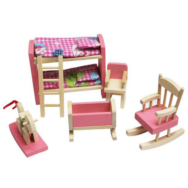 Miniature Furniture Model Playset Pink Wooden Dollhouse Kids Room Early Educational Toy for Kid Child Baby Girl Play