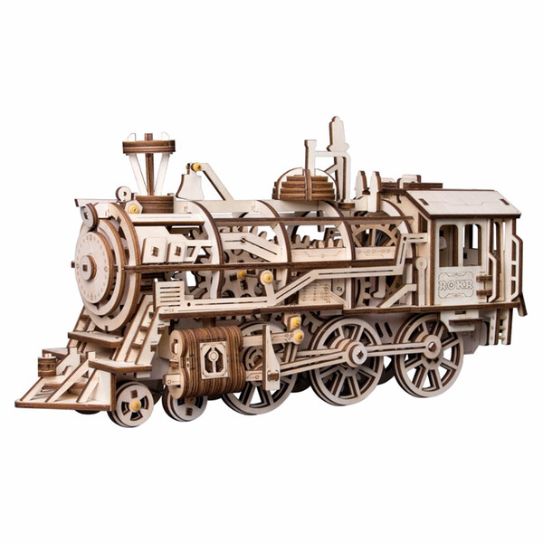 DIY Clockwork Gear Drive Locomotive 3D Wooden Model Building Kits Toys Hobbies Gift for Children Adult LK701