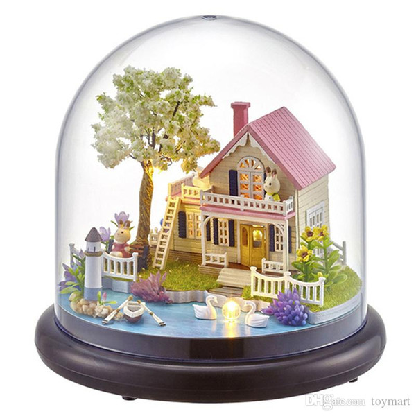 Dollhouse with Glass Cover Mermaid Lover Forever Ferri Wheel Mini DIY Wooden House Kit with LED Light Handmade Doll House Toys