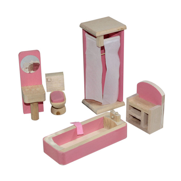 Miniature Furniture Model Playset Pink Wooden Dollhouse Bathroom Early Educational Toy for Kid Child Baby Girl Play