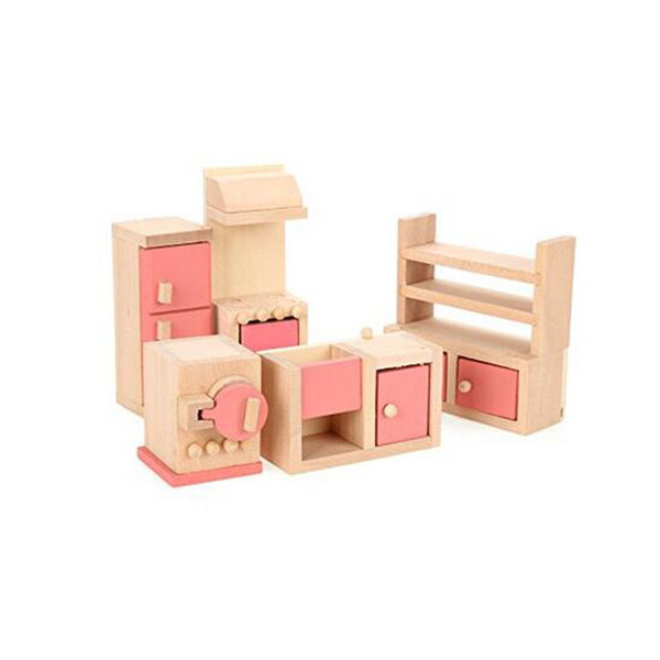 Wooden Dollhouse Furniture Model Playset Pink Miniature Kitchen Early Educational Toy for Kid Child Baby Play