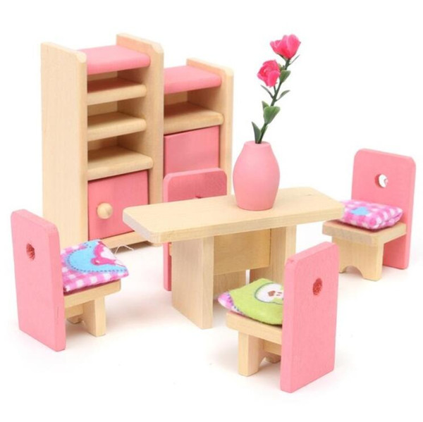 Wooden Pretend Toy Play House Furniture Miniature Bed Living Room Restaurant Bedroom Kitchen Bathroom For Kid Children Dolls