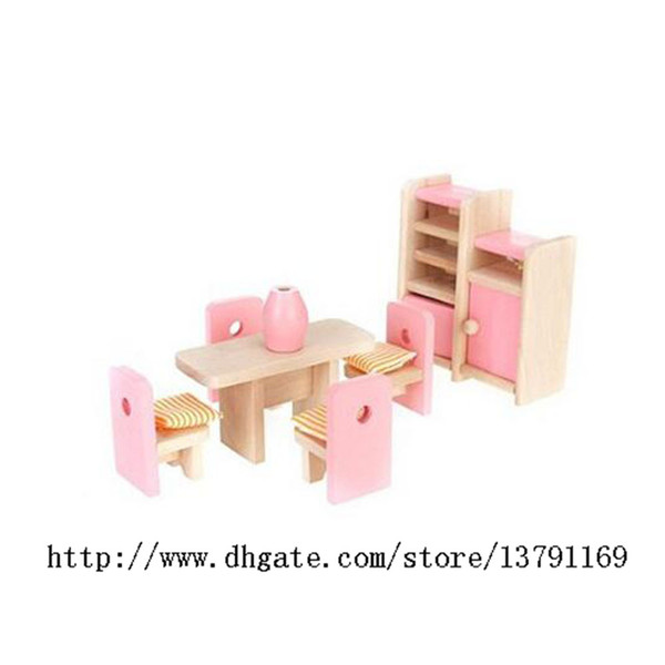 Wooden Furniture Model Playset Pink Miniature Dining Room Early Educational Toy for Kid Child Baby Play