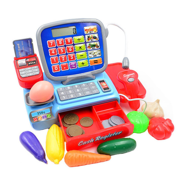 [TOP] Pretend Play Cashier Cash Register with Real Calculator Toy POS+Calculator+electronic scale+COINS+Foods set kids gift