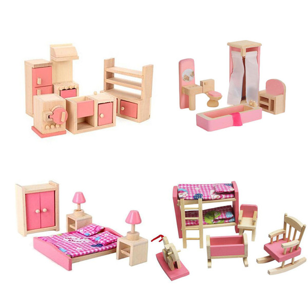 Wooden Dollhouse Furniture Set Pink Including Bathroom Bedroom Kitchen Kids Bedroom 4 Set for Dollhouse