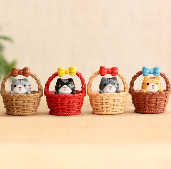 Miniature Cat Figure Animal Toys Cute Basket with Kitty Fairy Garden Party Decorations Ornaments 4 Colors
