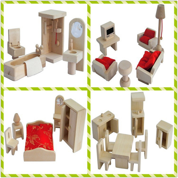 Mini Wood simulation 4set/lot dollshouse kitchen/bedroom/bathroom/lounge furniture sets toy wooden bed sofa desk play house toys