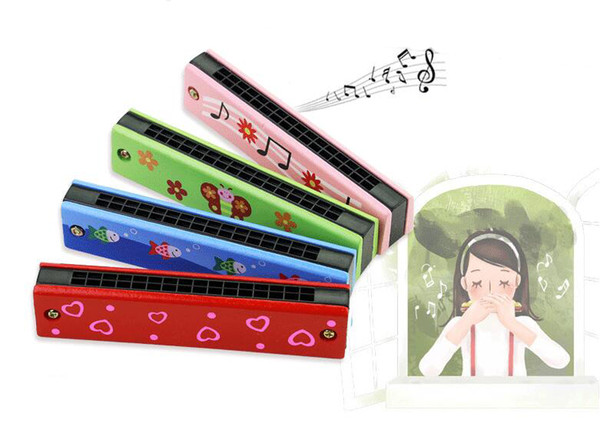 10 styles Cartoon painted wooden 16 holes double row harmonica children musical educational music toys instrument