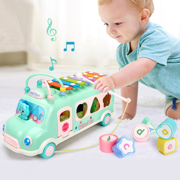Children's Toys Educational Knocking Piano Bus Multi-Functional Building Blocks Wrapping Bead Pulling Thread Music Toy Car Set