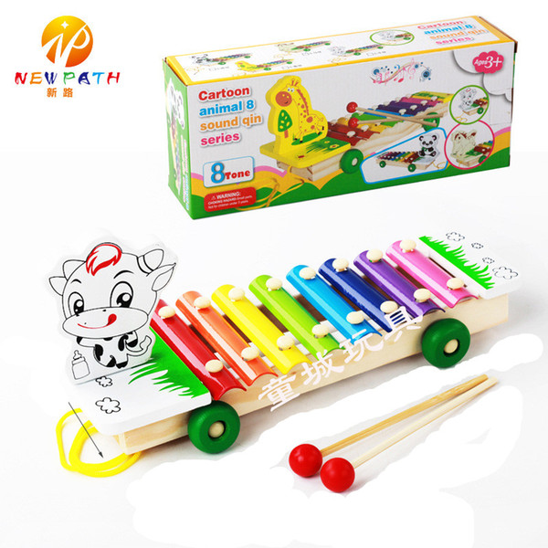 Baby's Wooden 8-Note Xylophone Tractor Musical Toys Children Hand Knocking Piano Cattle/Panda/Horse/Giraffe Music Instrument Learning Tool