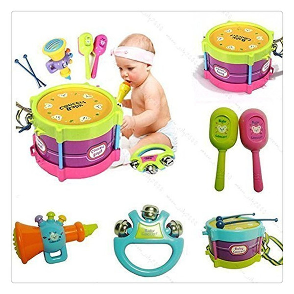 5Pcs Kids Baby Roll Drum Musical Instruments Band Kit Children Toy Set Xmas Gift High Quality Hot Sale
