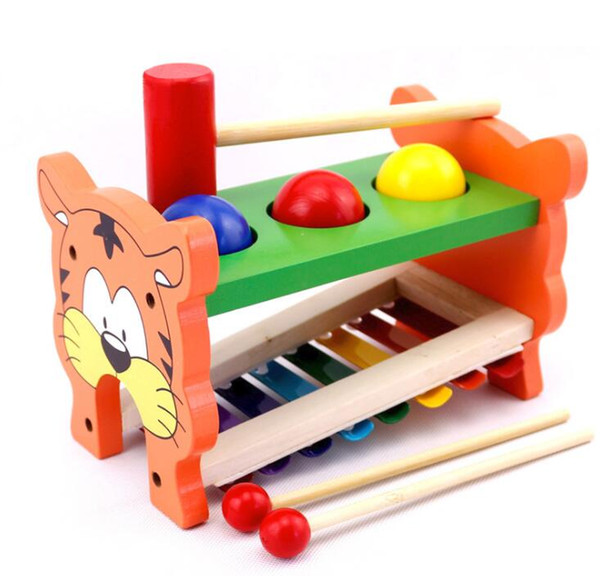 Educational Kids Cute Wooden 2 in 1 Lovely Tiger Piano Knock Ball Peg Pounding Bench Hammer