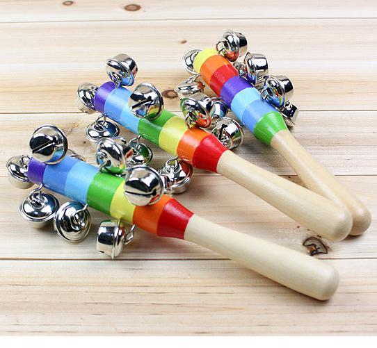 Baby Rainbow Toy kid Pram Crib Handle Wooden Activity Bell Stick Shaker Rattle 100 p/l