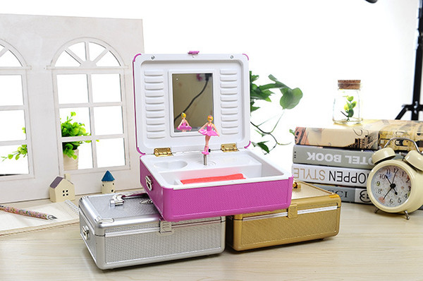 free shippping music box hot newest Trolley suitcase pink music box music box rotating dancing girl jewelry box creative birthday gift