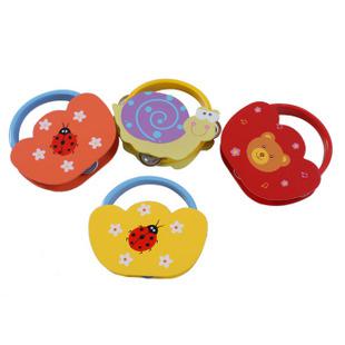 New Born Party Gift Wholesale Tambourine Rattles Musical Instruments Hand Drum Animal Pattern Baby Wooden Toys