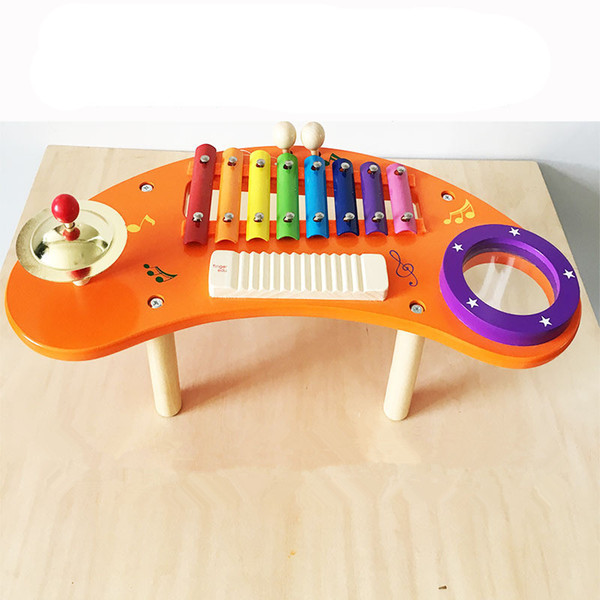 Wooden Toys Multifunctional Music Station Four-in-one Knocking Piano Wood 8-tone Xylophone Gongs Instrument Combination Baby Toys Gift