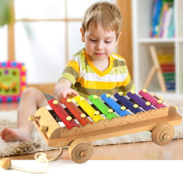 2 in 1 Pull Along Drag Car Hand Knock Xylophone Percussion with 8 Scales Kids Wooden Music Instrument Toys - 29*18cm