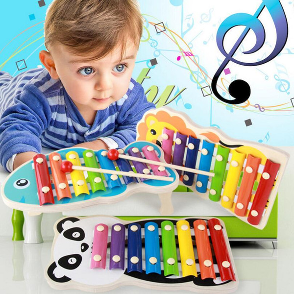 Baby's Wooden Musical Toys 8-Note Xylophone Children Hand Knocking Piano Cartoon Standing Animals Wood Music Instrument Toy Gift