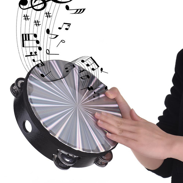 Wooden Radiant Tambourine Handbell Hand Drum with Double Row Jingles Reflective Drum Head Percussion Instrument Musical Toy