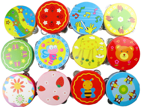 Hand Held Tambourine Drum Bell Cartoon Pattern Wooden Percussion Musical Toy for KTV Party Kids