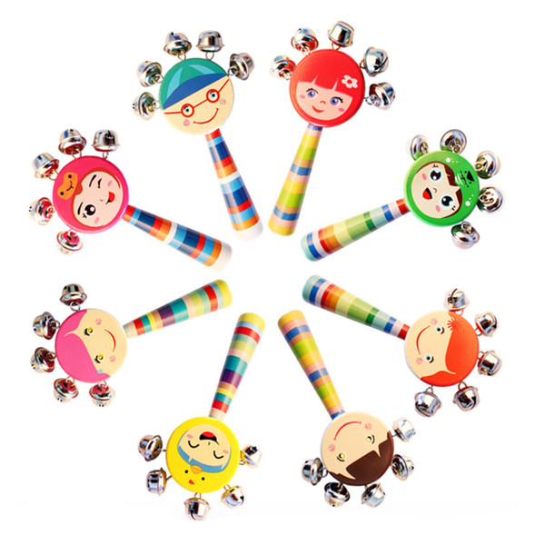 Wooden Smiley Cartoon Rattle Baby Rattle Bell Smile Face Rattle Drum Cartoon Hand Bell Toys Musical Instruments Double Wave Kettle