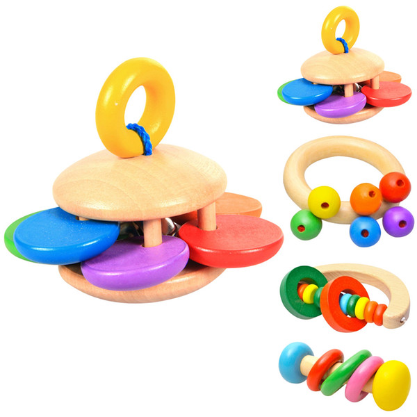 Wooden Bell Rattle Baby Toys Puzzle Handbell Musical Educational Instrument Rattles Toys for Children Geometric Kids Toys