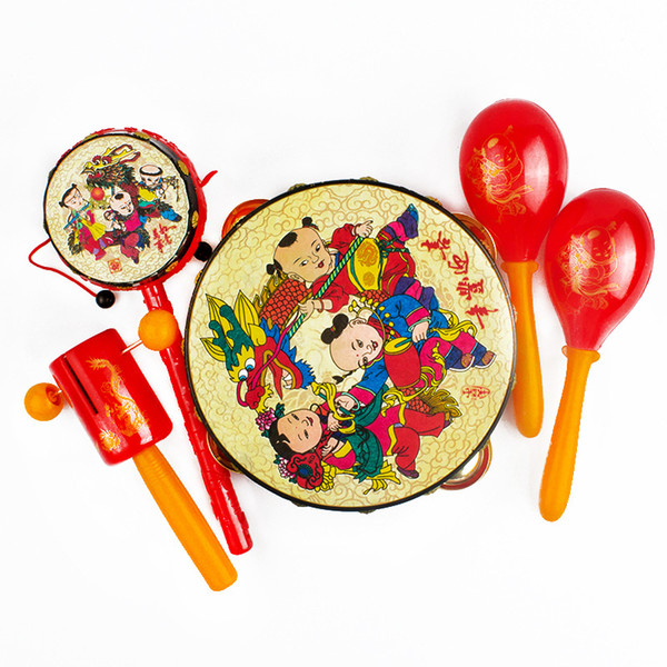 Chinese Style Children Drum Suit Set Maracas Shaped Rattle Baby Wish New Year Early Education Beneficial Wisdom Noisemaker Toys