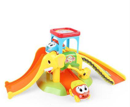 Children's early education toys in elephant parking lot, puzzle toys, cartoon cars passing home toys and having fun in person, scene simulat