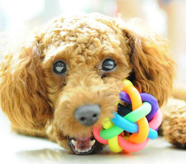 Dog Cat Pet Rainbow Colorful Rubber Bell Sound Ball Fun Playing Toy for Home Garden Pets Funny Accessories