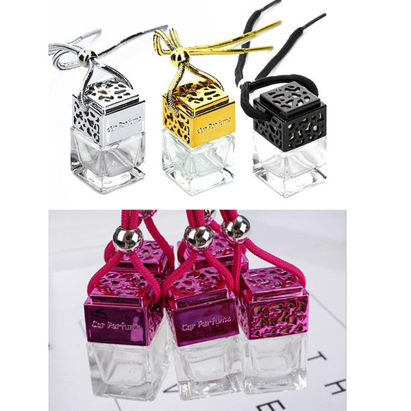 Cube Car Perfume Bottle Car Hanging Perfume Air Freshener For Essential Oils Diffuser Fragrance Empty Glass Bottle Gold Silver Black Colors