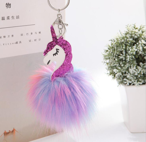 Unicorn Pattern Fluffy Keychain Cute Fur Key Ring Pompom Key Chain Bag Backpacks Hanging Pendant for Women Girls