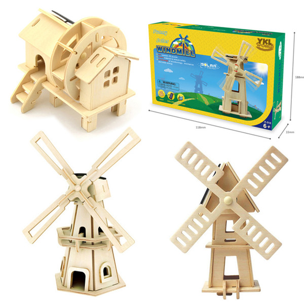 2017 Wooden Solar Energy Powered 3D Windmill Waterwheel DIY Puzzle Jigsaw Building Block Educational Toy Gift for Kid Child -48