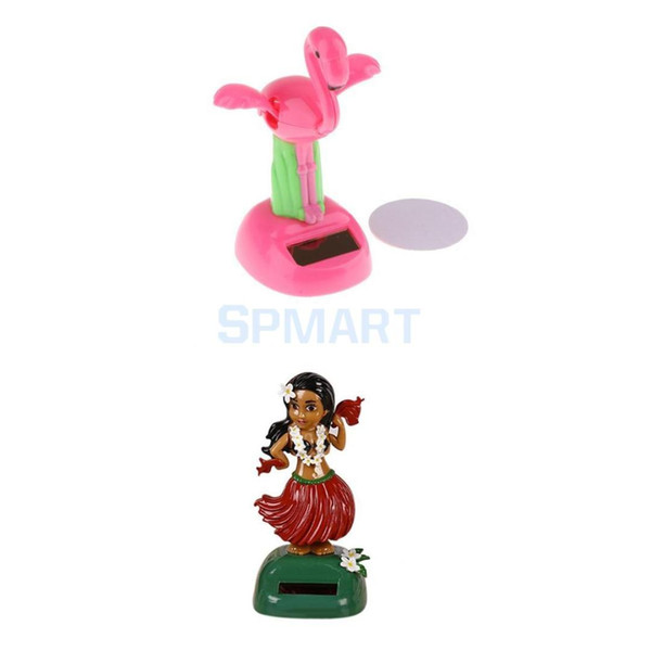2Pcs Car Dashboard Ornament Bobblehead Toy Dancing Figure Statue Flamingo & Girl, Novelty Solar Toy