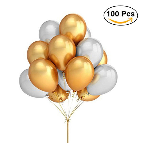 100Pcs 16Inch Round Pearlescent Thicken Latex Balloons Party Wedding Decoration Inflatable Helium Balloon (Golden +Silver )