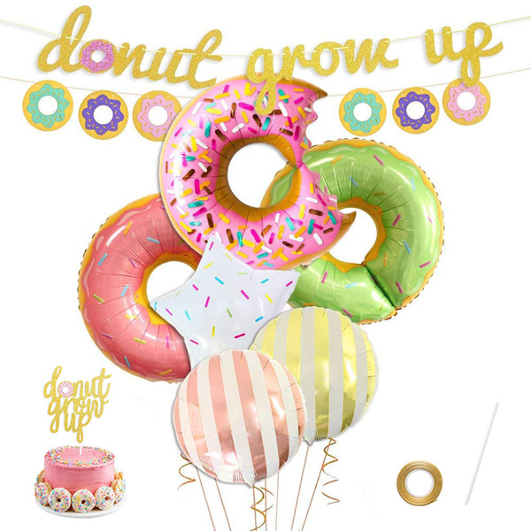 HOT 9pc Donut Grow Up Theme Happy Birthday Party Balloon Banner Cake Topper Decoration Party Set