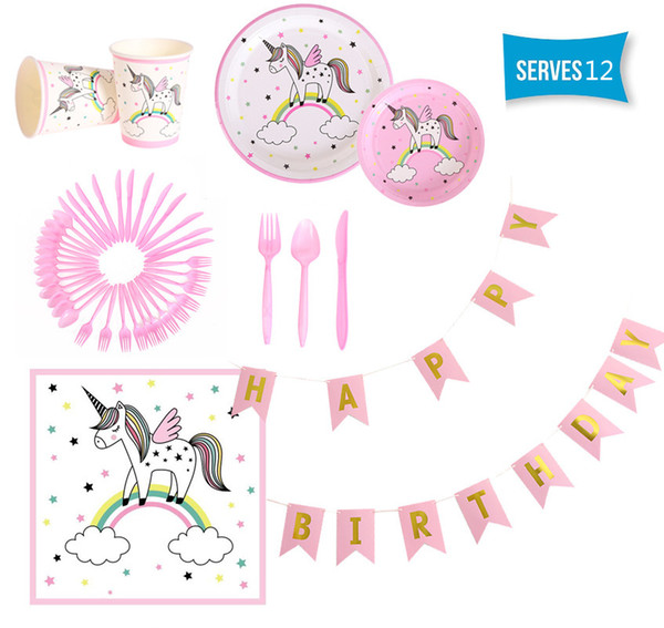 Kids Birthday Party Decoration 10 pcs Colorful Unicorn Theme Dinnerware Tableware Set Napkin Cups Tablecloth Flag Party Gift Set Pack