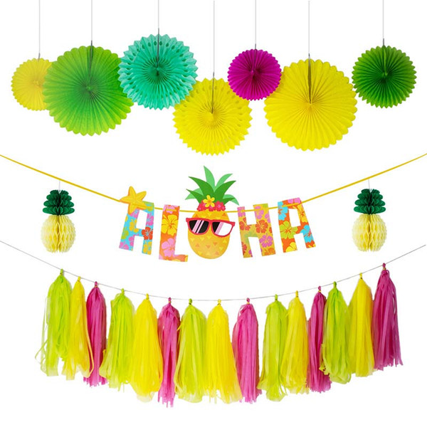 HOT 25pc Aloha Pineapple Hawaii Tropical Theme Happy Birthday Party Honeycomb Paper Fans Tassel Banner Decoration Party Set