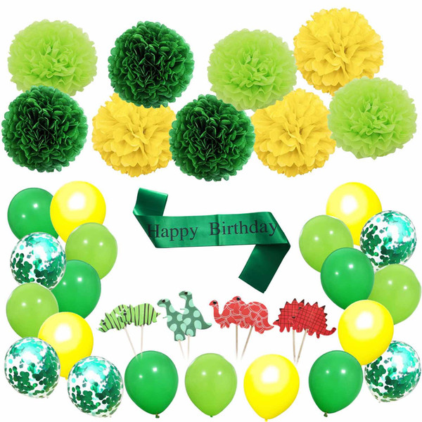 HOT 55pc Dinosaur Forest Theme Happy Birthday Party Cupcake Toppers Ballon Tissue Flower Banner Decoration Party Set