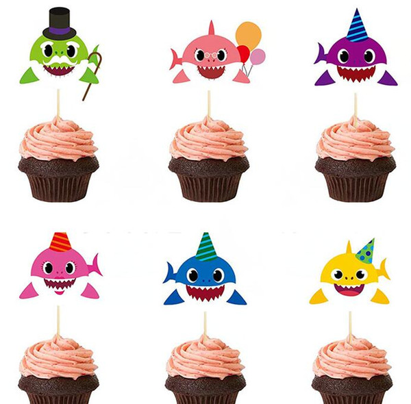 Shark Cake Card Animal Cake Toppers 6pcs/set Cartoon Cupcake Inserts Card Birthday Baby Shark Party Decoration Christmas Toy GGA1951