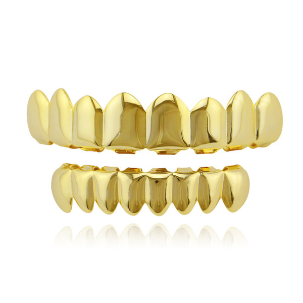 24K Gold Plated Finish Hip-hop Grills Set Eight 8 Top Teeth & 8 Bottom Tooth Hip Hop Grills High Quality Party Dance Cool Gift New