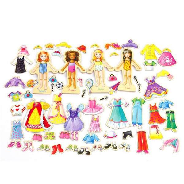 Wooden Cute Girl Magnetic Dress Clothes Dress-Up Dolls Play Change Clothes Game Toys Birthday Gift