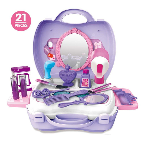 Girls Pretend Hair Salon Kit, Hair Styling Cosmetic Case, 21 Pcs Dress-up Beauty Set with Mirror for Toddler Kids