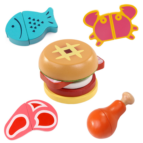 Logwood Baby Wooden Kitchen Toys Cutting fuit and vegetable Play miniature Food game fish Hamburgers early educational baby gift