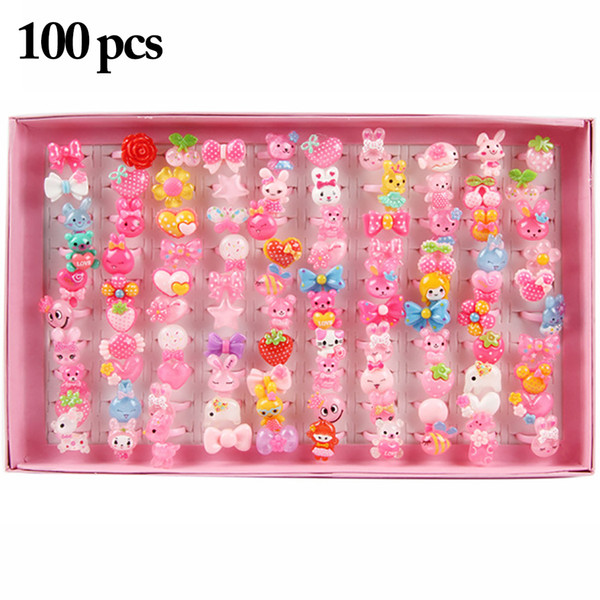 100PCS Kids Ring Set Cartoon Cute Assorted Jewelry Ring Party Favors with Case