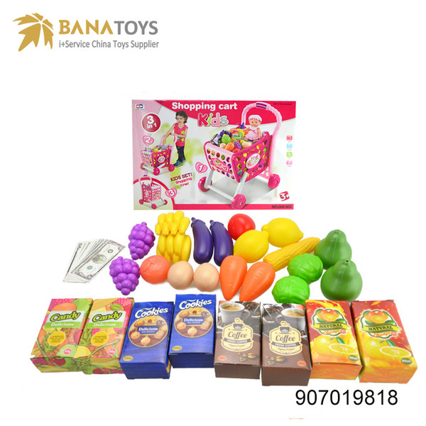 Kids shopping cart toy supermarket trolley educational foldable shopping cart toy including some plastic fruits food Free Shipping