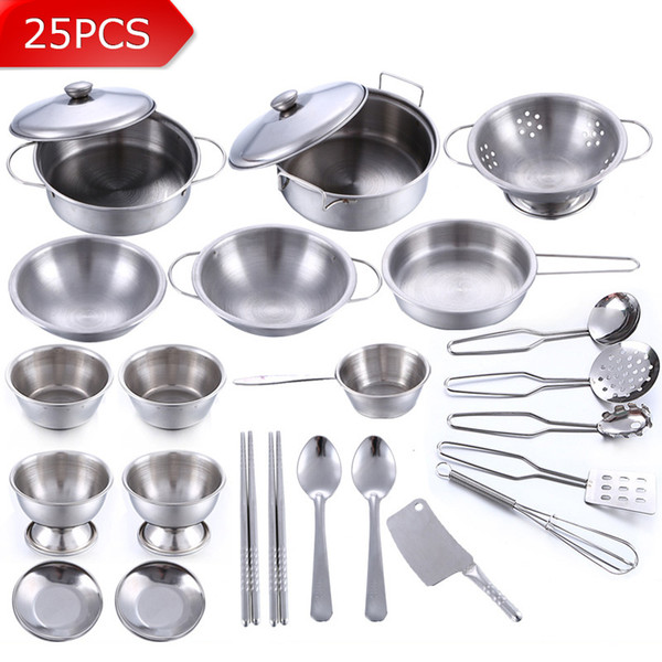 Wholesale- 25Pcs Stainless Steel Children Kitchen Toys Miniature Cooking Set Simulation Tableware Toy Pretend Play Cook Toy for Kids Gift